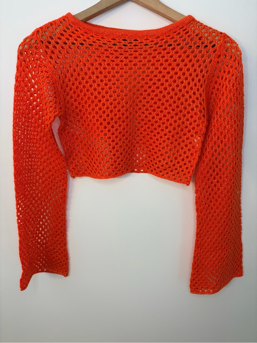 PrettyLittleThing Women’s Orange and Gold Crochet Cropped Sweater, Size XS